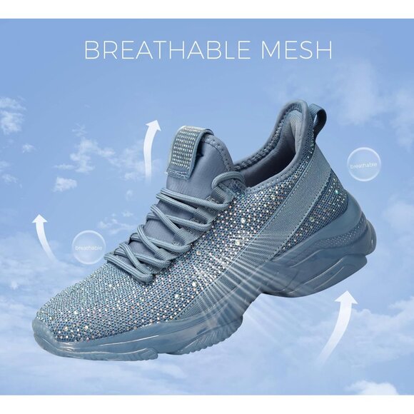 Women's Blue Rhinestone Mesh Slip On Walking Breathable Glitter Sneaker Shoes - Picture 5 of 9
